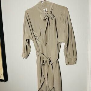 Vintage ever Tan 100% Silk Dress Neck Tie Waist Tie Buttons Shirt Dress Size M